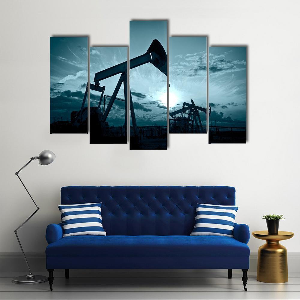 Silhouette Of Oil Pumps On A Sunset Canvas Wall Art-5 Pop-Gallery Wrap-47" x 32"-Tiaracle