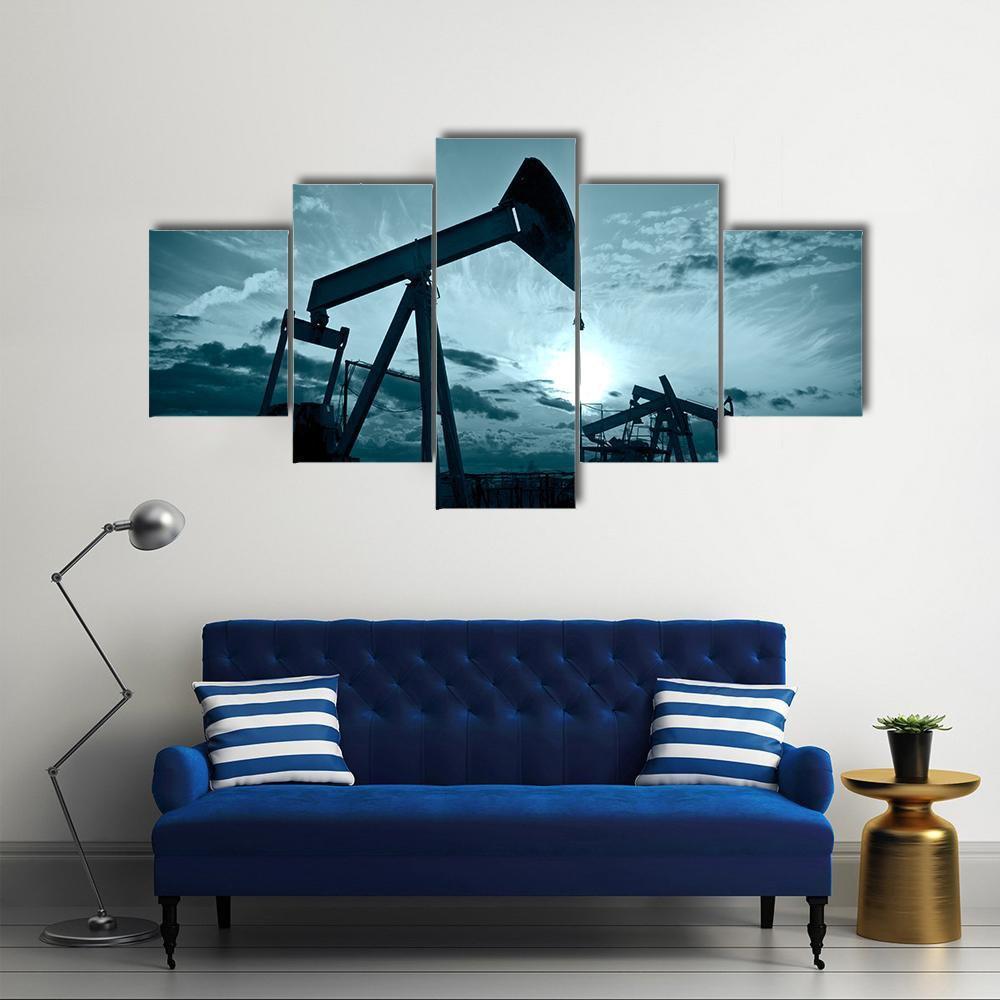 Silhouette Of Oil Pumps On A Sunset Canvas Wall Art-5 Star-Gallery Wrap-62" x 32"-Tiaracle