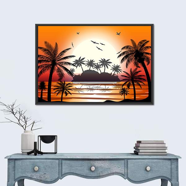 Silhouette Of Palm Tree On Beach Canvas Wall Art-1 Piece-Floating Frame-24" x 16"-Tiaracle