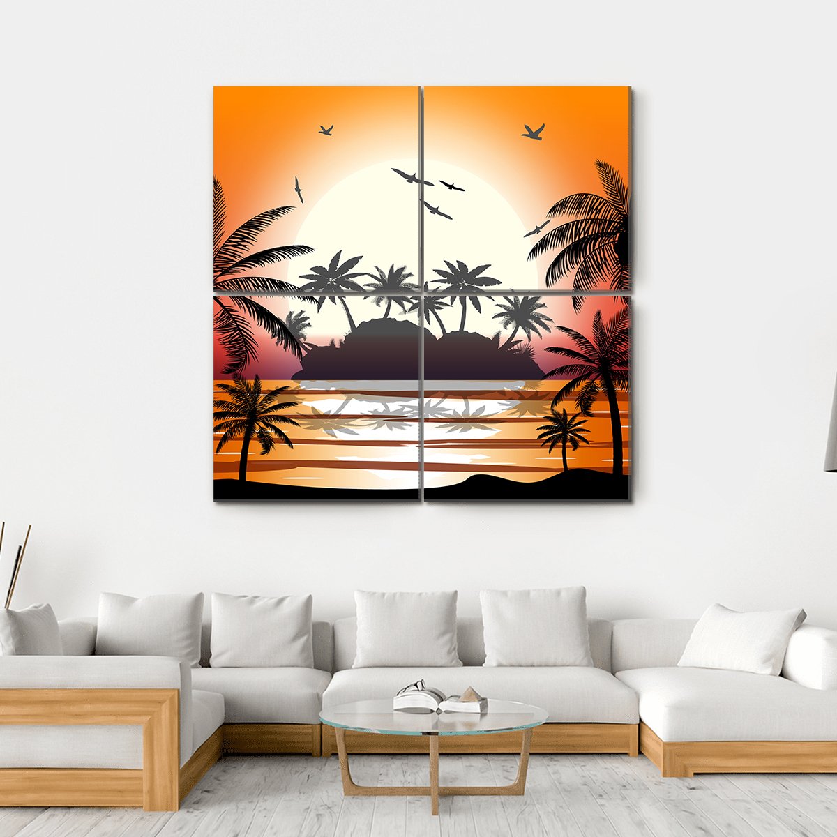 Silhouette Of Palm Tree On Beach Canvas Wall Art-4 Square-Gallery Wrap-17" x 17"-Tiaracle