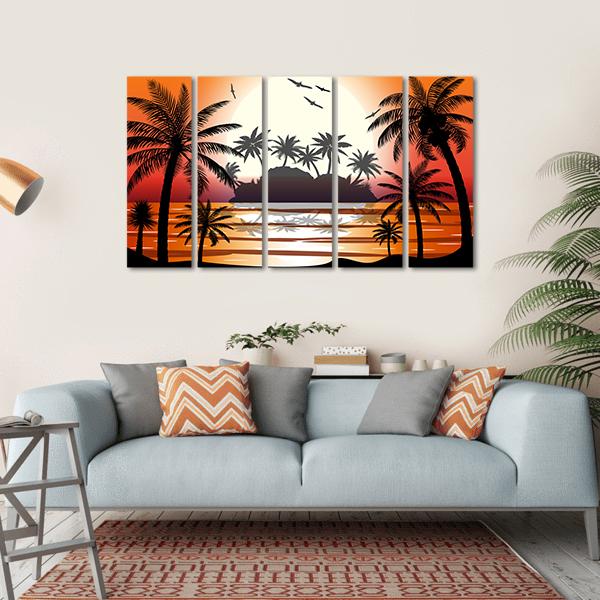 Silhouette Of Palm Tree On Beach Canvas Wall Art-5 Horizontal-Gallery Wrap-22" x 12"-Tiaracle