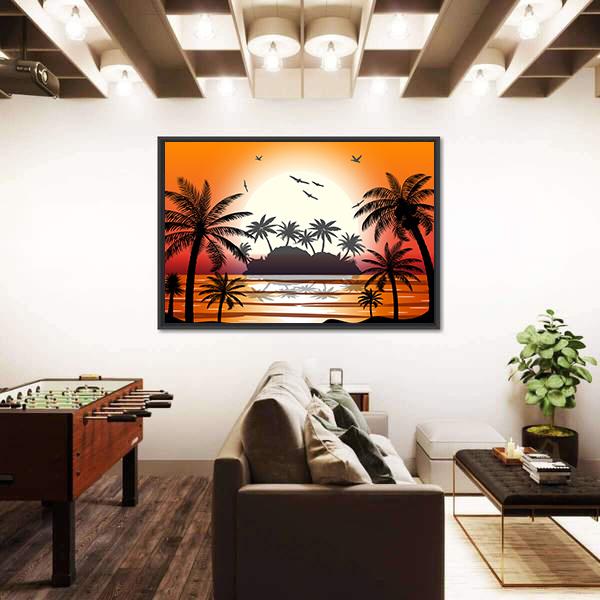 Silhouette Of Palm Tree On Beach Canvas Wall Art-3 Horizontal-Gallery Wrap-25" x 16"-Tiaracle