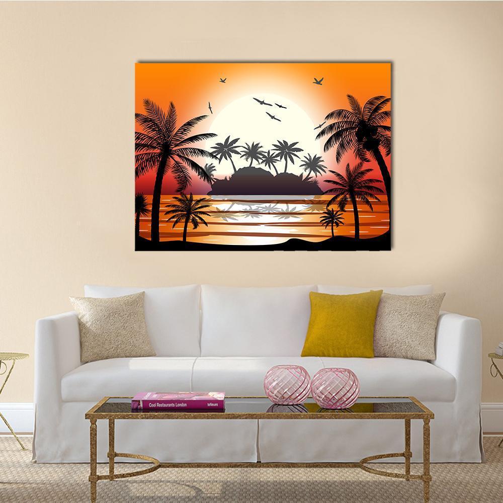 Silhouetted Palm Trees on Beach at Sunset Canvas Wall Art in black, orange and yellow, single panel hung on a wall