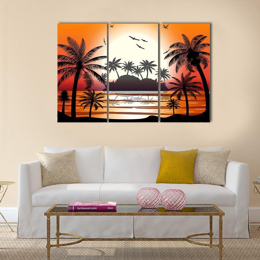 Silhouette Of Palm Tree On Beach Canvas Wall Art-3 Horizontal-Gallery Wrap-37" x 24"-Tiaracle