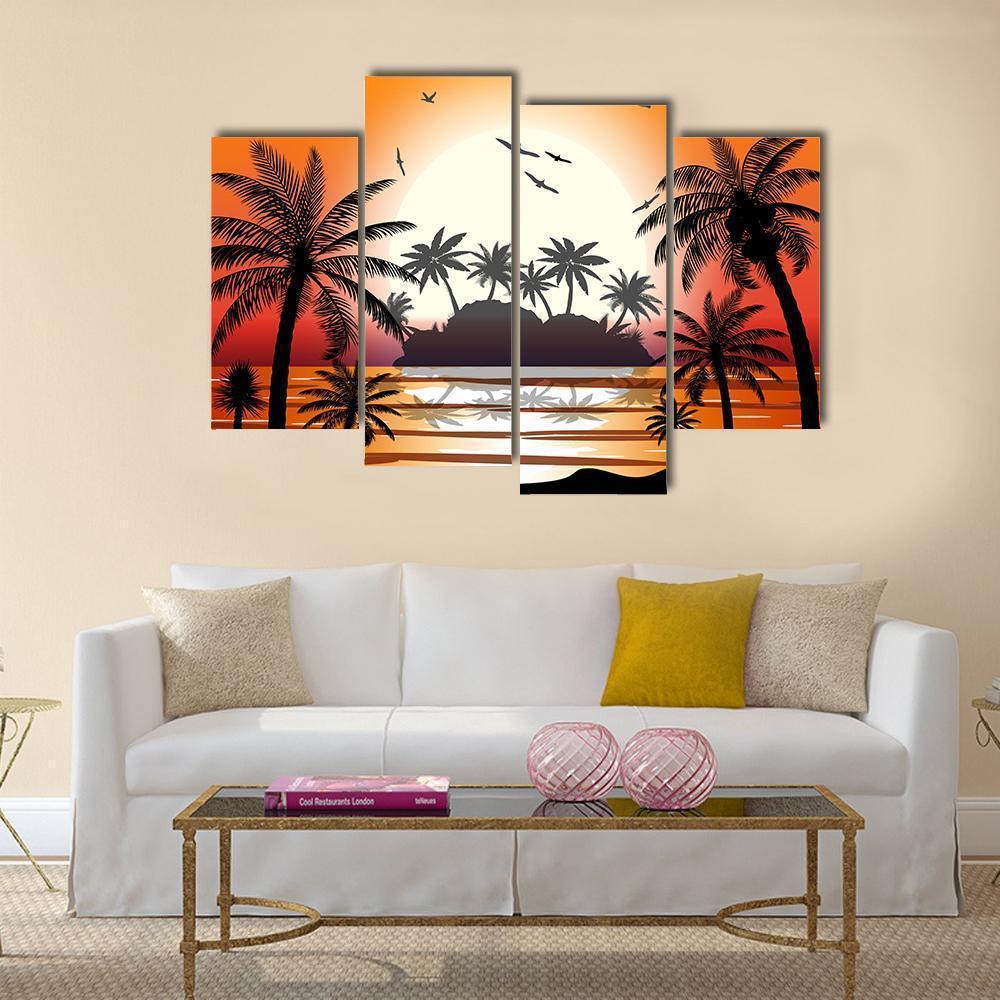 Silhouette Of Palm Tree On Beach Canvas Wall Art-4 Pop-Gallery Wrap-50" x 32"-Tiaracle