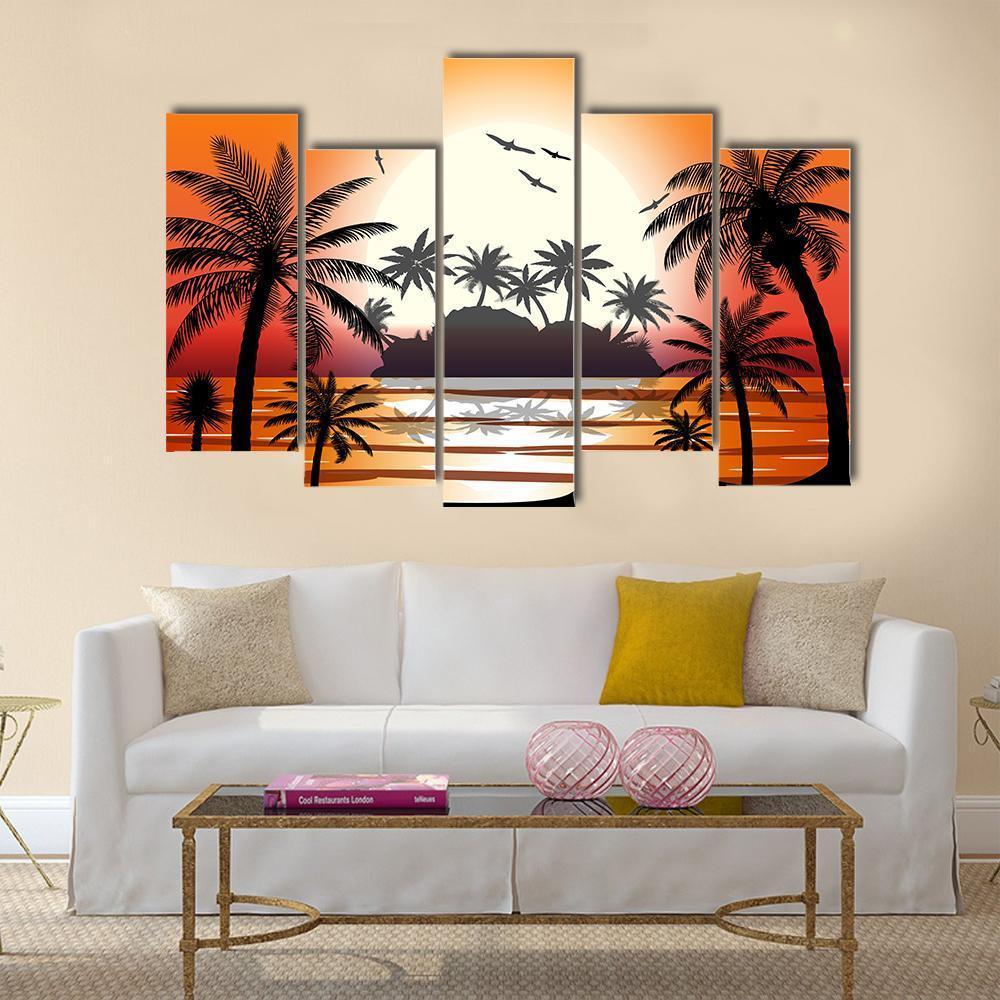 Silhouette Of Palm Tree On Beach Canvas Wall Art-5 Pop-Gallery Wrap-47" x 32"-Tiaracle