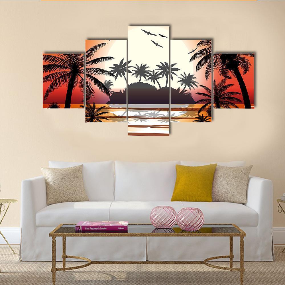 Silhouette Of Palm Tree On Beach Canvas Wall Art-5 Pop-Gallery Wrap-47" x 32"-Tiaracle