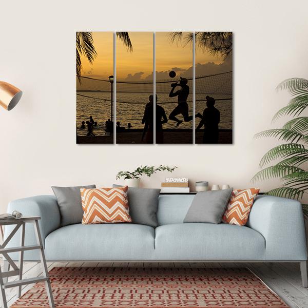 Silhouette Of People Playing Beach Volleyball At Sunset Canvas Wall Art-4 Horizontal-Gallery Wrap-34" x 24"-Tiaracle