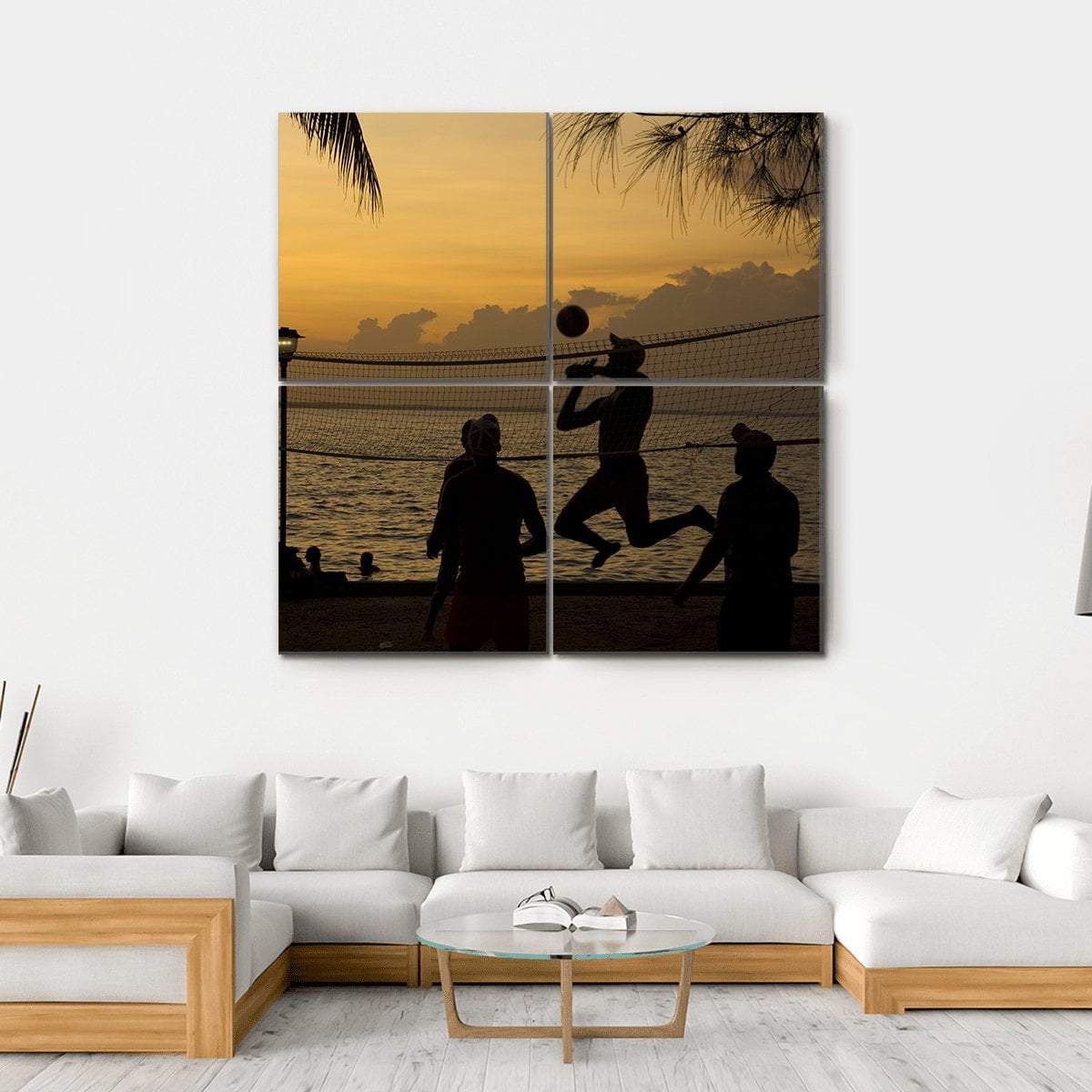 Silhouette Of People Playing Beach Volleyball At Sunset Canvas Wall Art-4 Square-Gallery Wrap-17" x 17"-Tiaracle