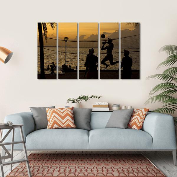 Silhouette Of People Playing Beach Volleyball At Sunset Canvas Wall Art-5 Horizontal-Gallery Wrap-22" x 12"-Tiaracle