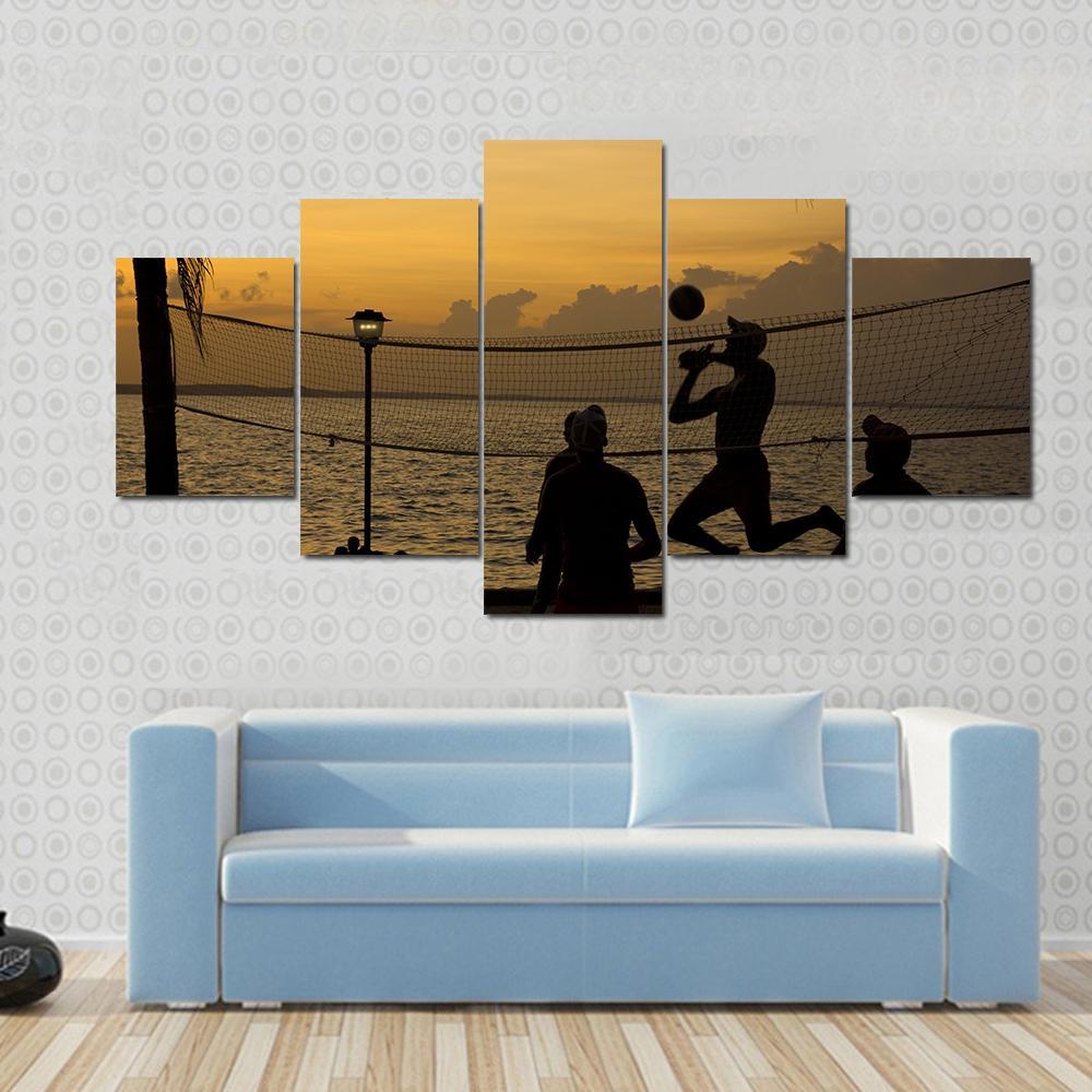 Silhouette Of People Playing Beach Volleyball At Sunset Canvas Wall Art-1 Piece-Gallery Wrap-48" x 32"-Tiaracle