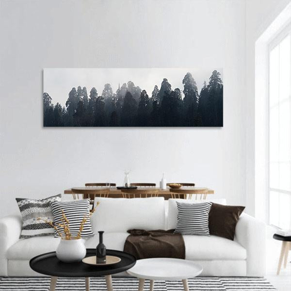 Silhouette of Redwood Forest In Mist Panoramic Canvas Wall Art-3 Piece-25" x 08"-Tiaracle