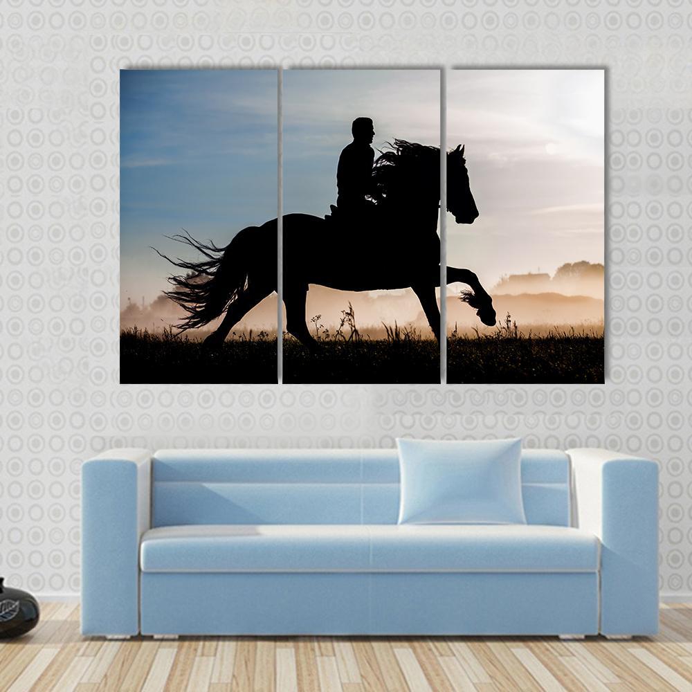 Silhouette Of Rider And Horse In Sunset Background Canvas Wall Art-3 Horizontal-Gallery Wrap-37" x 24"-Tiaracle