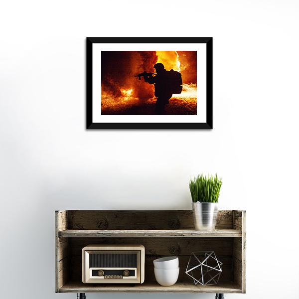 Silhouette Of Soldier Canvas Wall Art-1 Piece-Framed Print-20" x 16"-Tiaracle