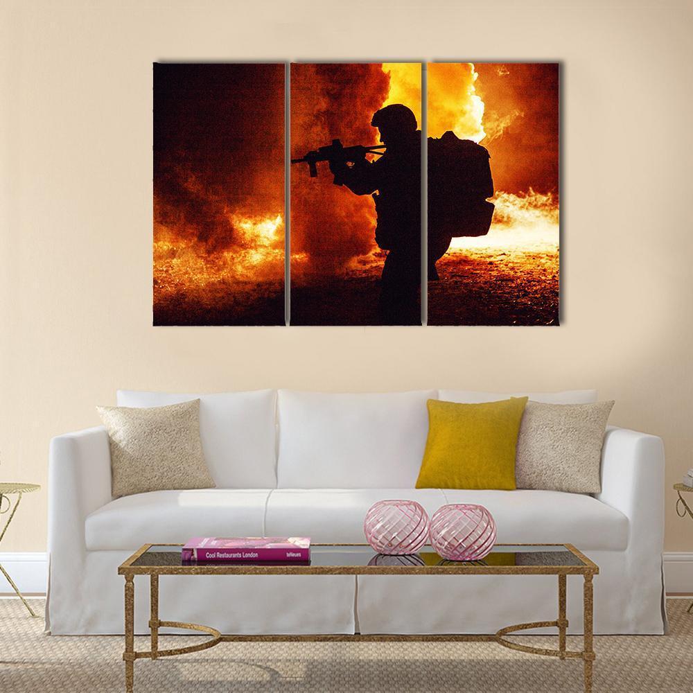 Silhouette Of Soldier Canvas Wall Art-3 Horizontal-Gallery Wrap-37" x 24"-Tiaracle