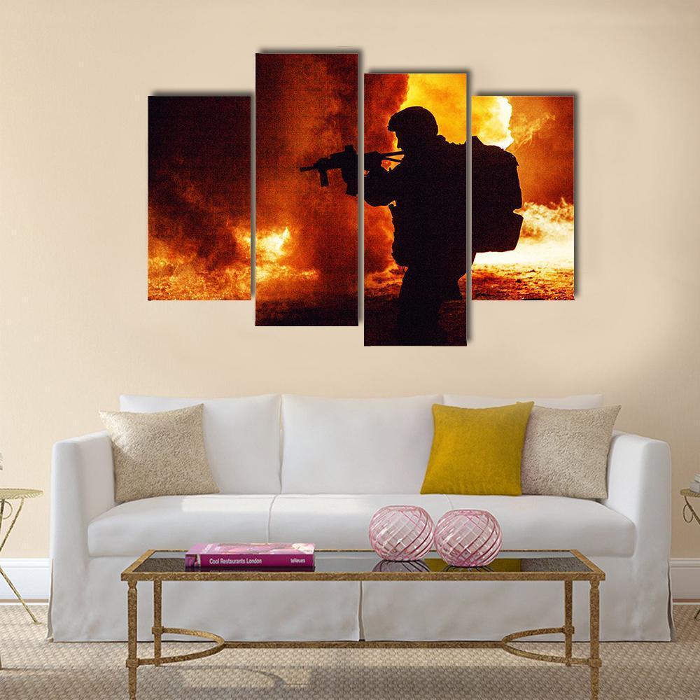Silhouette Of Soldier Canvas Wall Art-4 Pop-Gallery Wrap-50" x 32"-Tiaracle