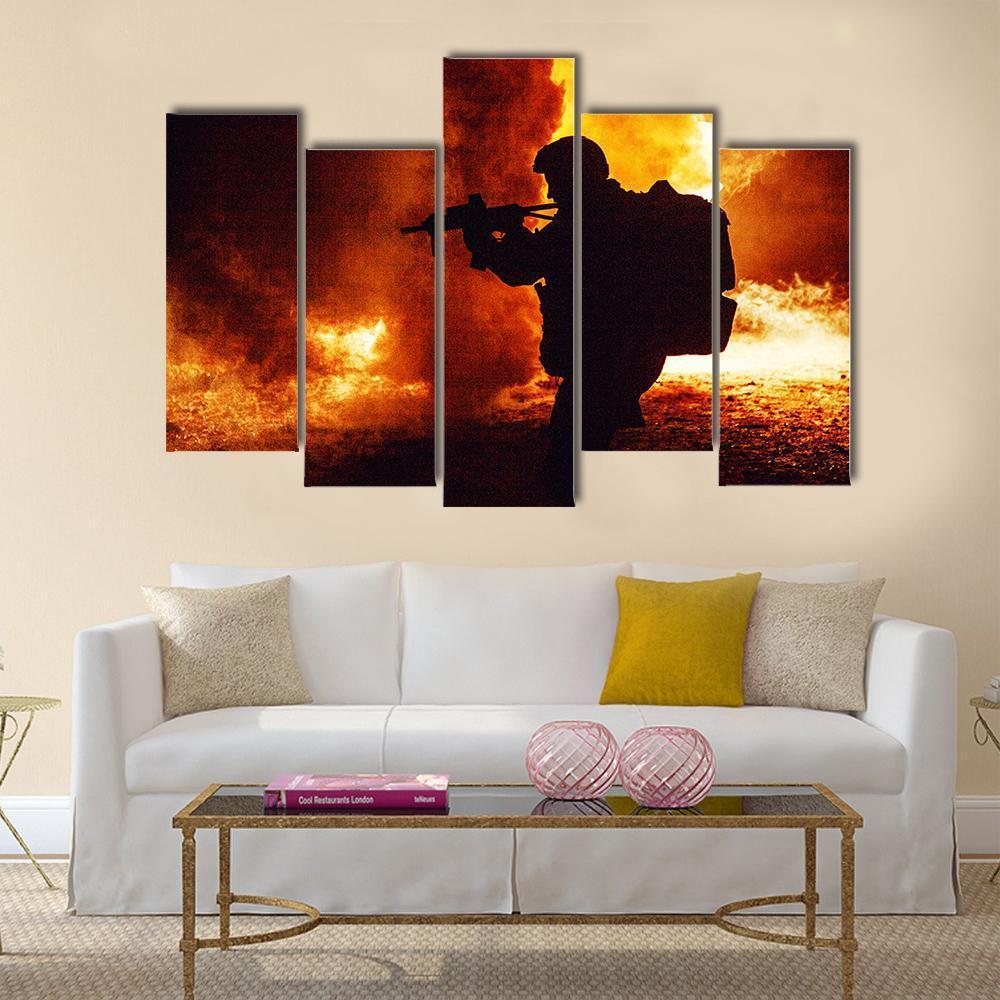 Silhouette Of Soldier Canvas Wall Art-5 Pop-Gallery Wrap-47" x 32"-Tiaracle