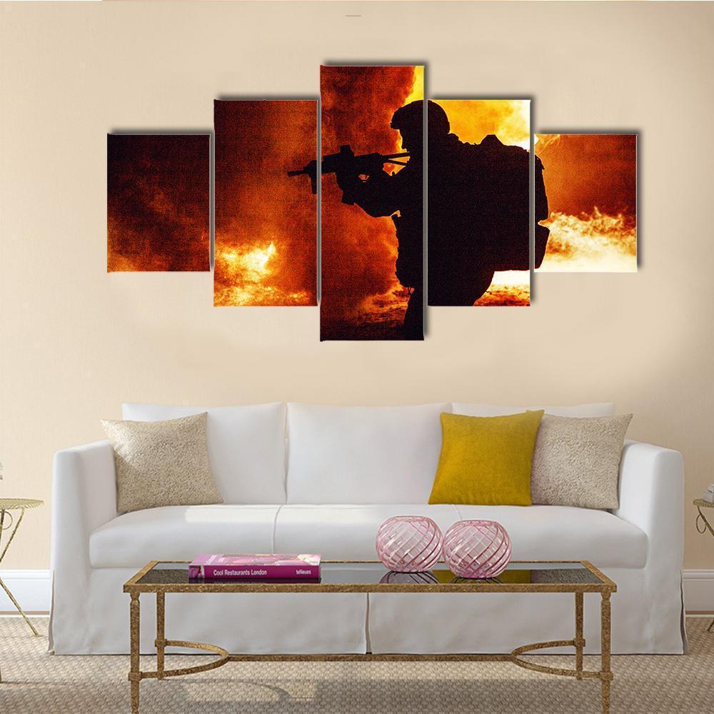 Silhouette Of Soldier Canvas Wall Art-5 Star-Gallery Wrap-62" x 32"-Tiaracle