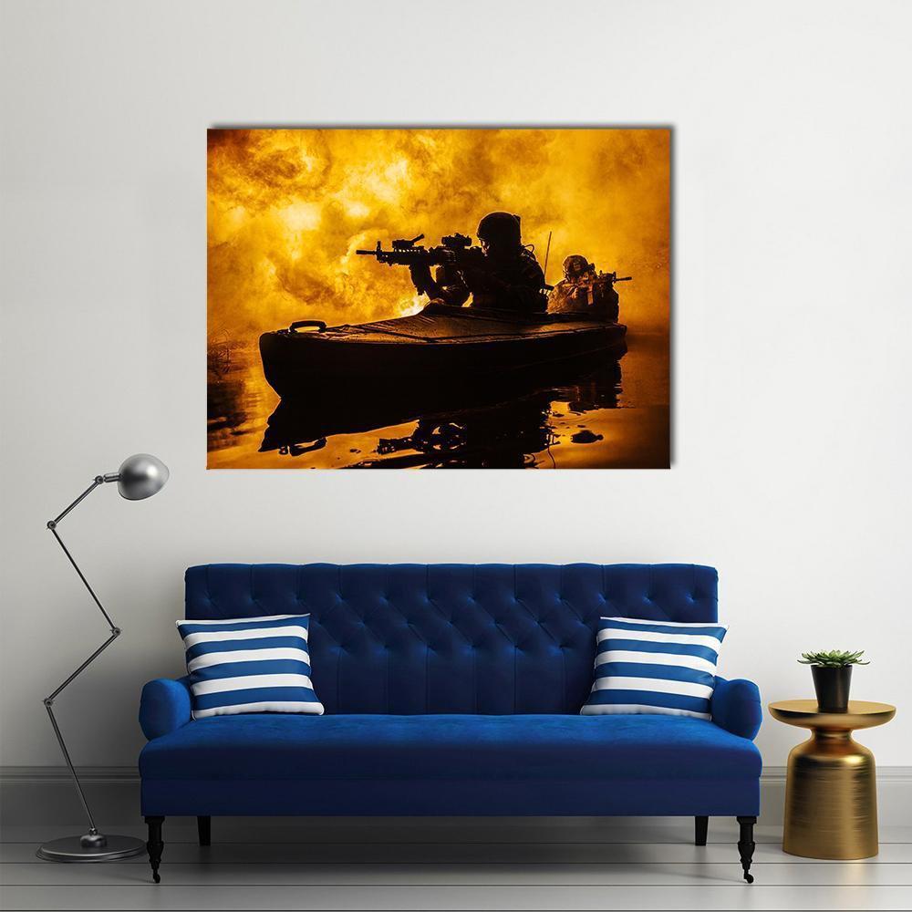 Special Forces Silhouettes at Night Canvas Wall Art in black, orange and yellow, single panel hung on a wall