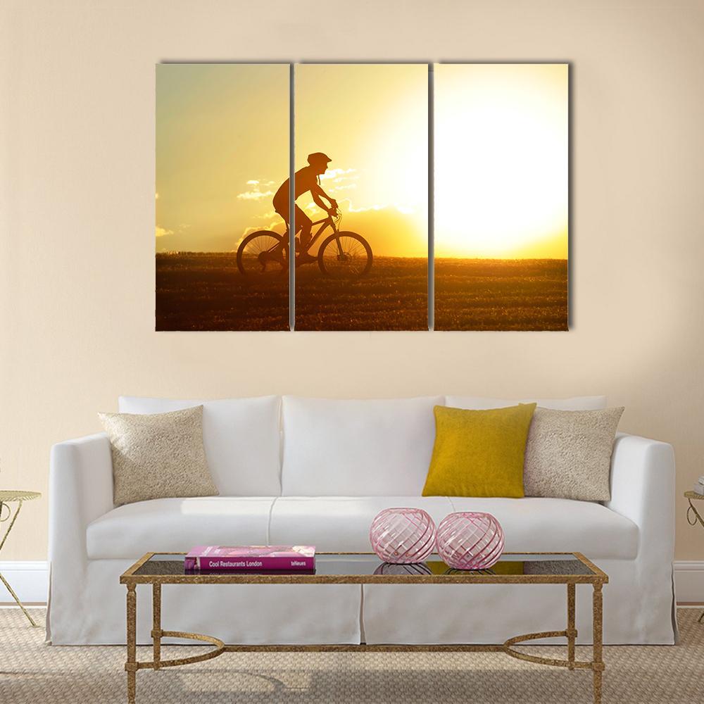 Silhouette Of Sport Man Cycling Canvas Wall Art-3 Horizontal-Gallery Wrap-37" x 24"-Tiaracle