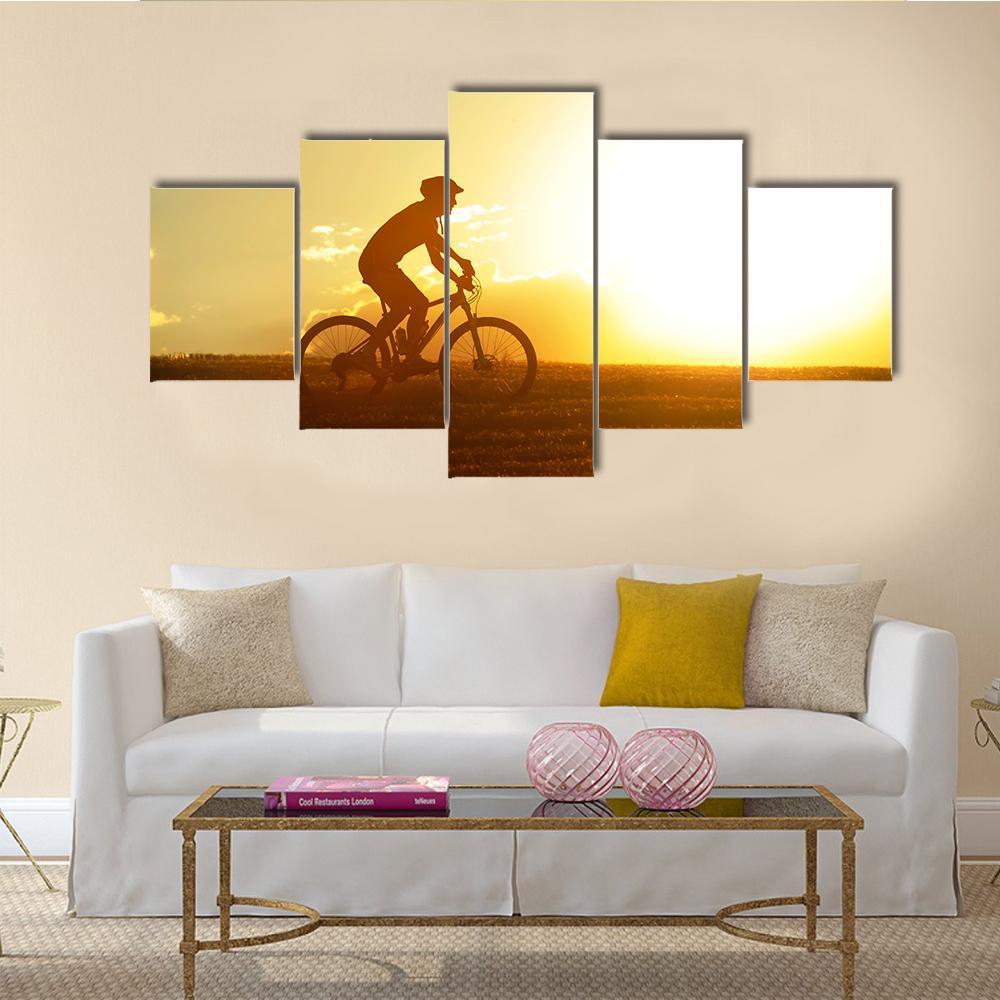 Silhouette Of Sport Man Cycling Canvas Wall Art-5 Star-Gallery Wrap-62" x 32"-Tiaracle