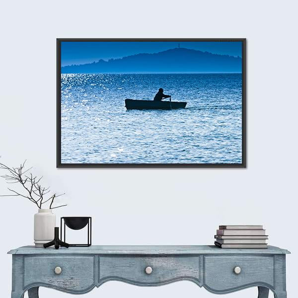 Silhouette Of The Fisherman In Lake Canvas Wall Art-1 Piece-Floating Frame-24" x 16"-Tiaracle