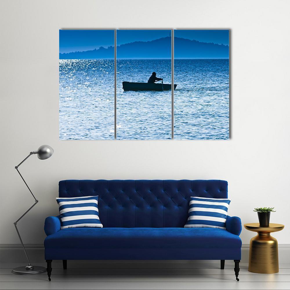 Silhouette Of The Fisherman In Lake Canvas Wall Art-3 Horizontal-Gallery Wrap-37" x 24"-Tiaracle