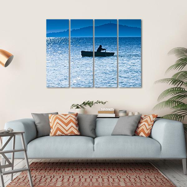 Silhouette Of The Fisherman In Lake Canvas Wall Art-4 Horizontal-Gallery Wrap-34" x 24"-Tiaracle