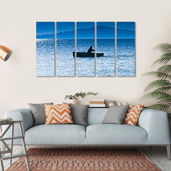 Silhouette Of The Fisherman In Lake Canvas Wall Art-5 Horizontal-Gallery Wrap-22" x 12"-Tiaracle