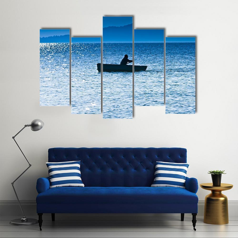 Silhouette Of The Fisherman In Lake Canvas Wall Art-5 Pop-Gallery Wrap-47" x 32"-Tiaracle
