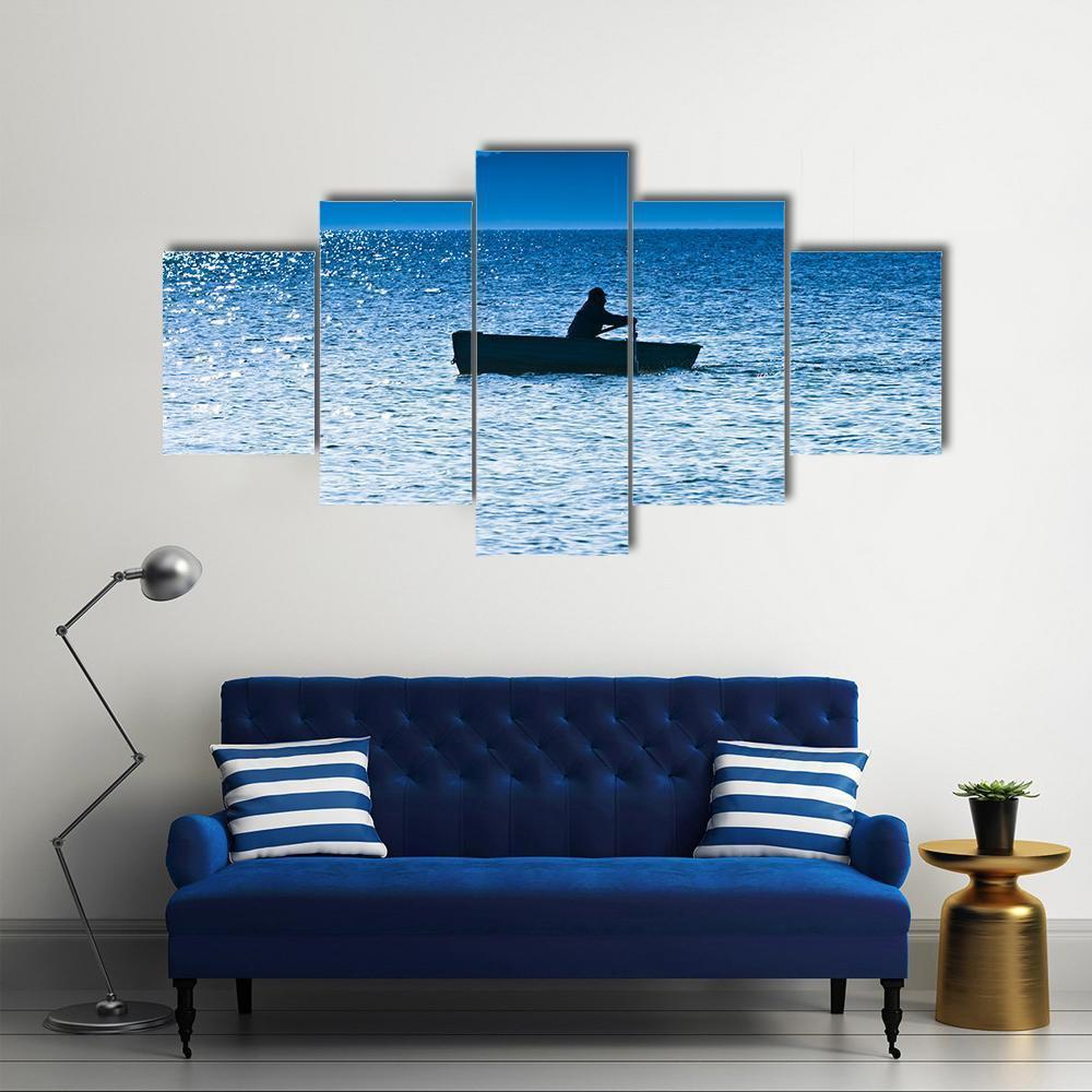 Silhouette Of The Fisherman In Lake Canvas Wall Art-5 Star-Gallery Wrap-62" x 32"-Tiaracle