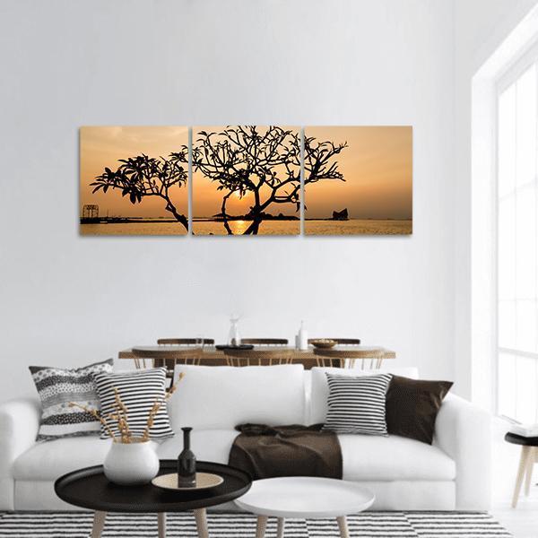 Silhouette Of Tree At Sunset Panoramic Canvas Wall Art-3 Piece-25" x 08"-Tiaracle