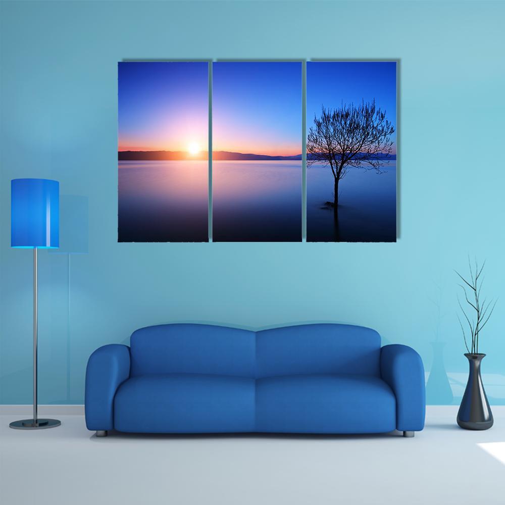 Silhouette Of Tree In Ohrid lake Canvas Wall Art-5 Star-Gallery Wrap-62" x 32"-Tiaracle
