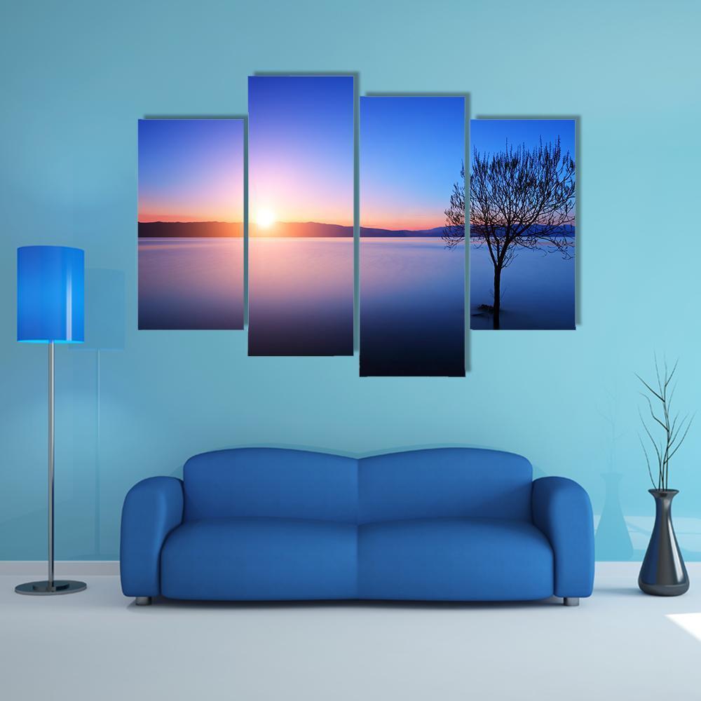 Silhouette Of Tree In Ohrid lake Canvas Wall Art-4 Pop-Gallery Wrap-50" x 32"-Tiaracle