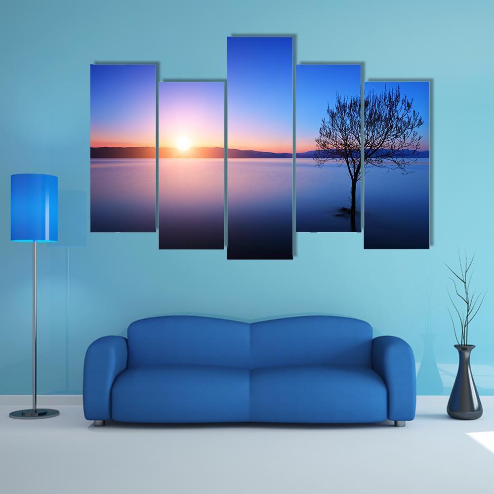Silhouette Of Tree In Ohrid lake Canvas Wall Art-5 Pop-Gallery Wrap-47" x 32"-Tiaracle
