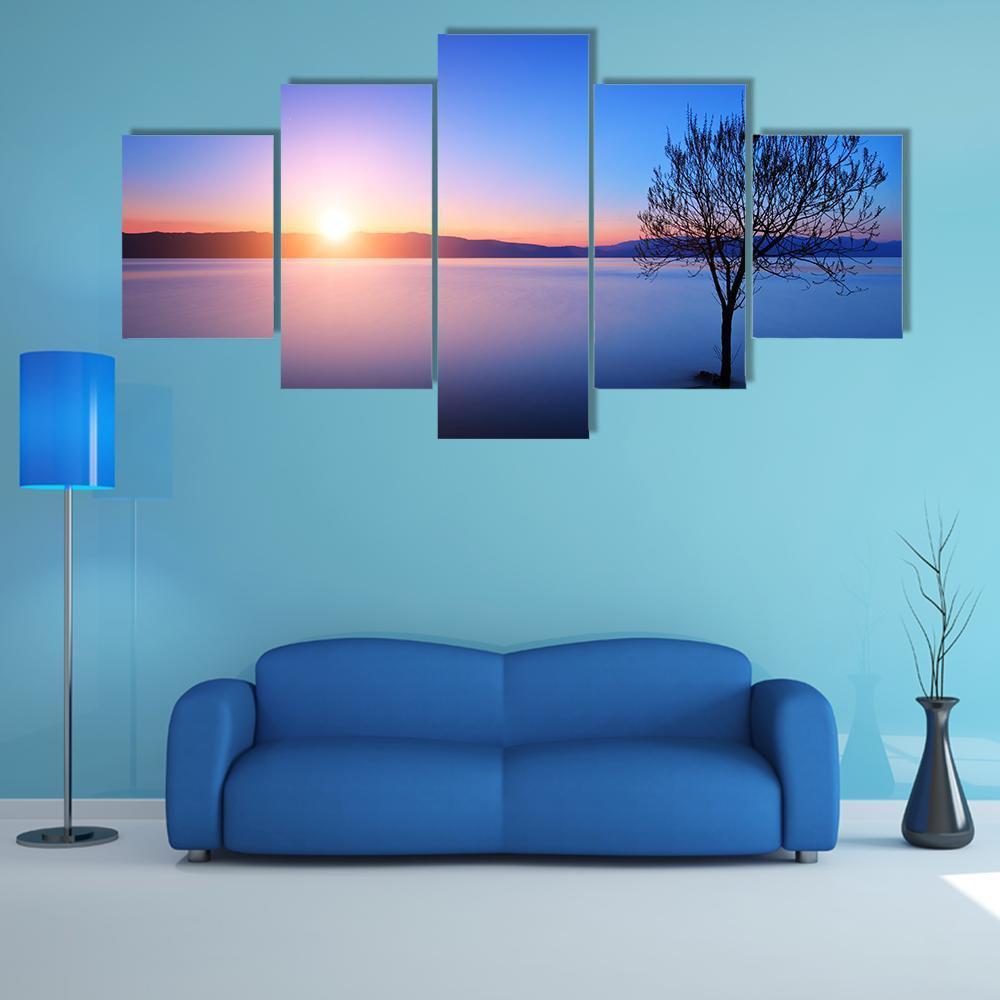 Silhouette Of Tree In Ohrid lake Canvas Wall Art-5 Star-Gallery Wrap-62" x 32"-Tiaracle
