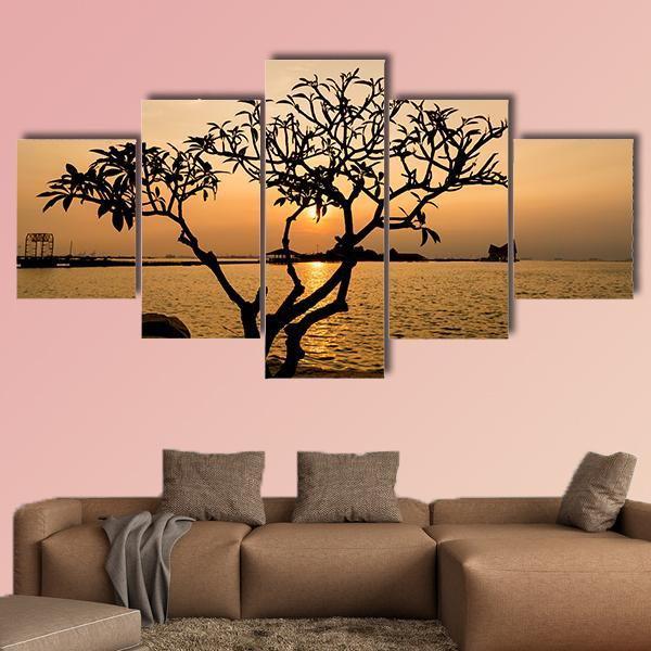 Silhouette Of Tree Canvas Wall Art-5 Star-Gallery Wrap-62" x 32"-Tiaracle