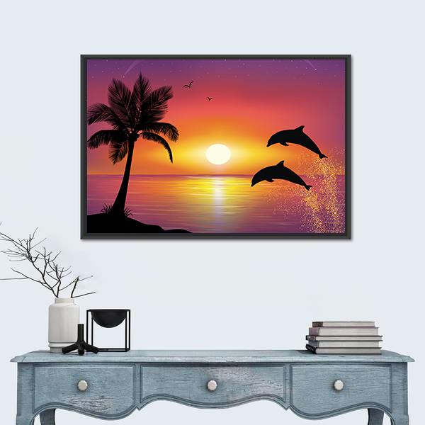 Silhouette of Two Dolphins at Sunset Canvas Wall Art in orange, yellow and purple, framed canvas, product view on a white background