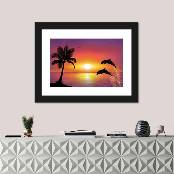 Silhouette Of Two Dolphins Jumping Out Of Water Canvas Wall Art-1 Piece-Framed Print-20" x 16"-Tiaracle
