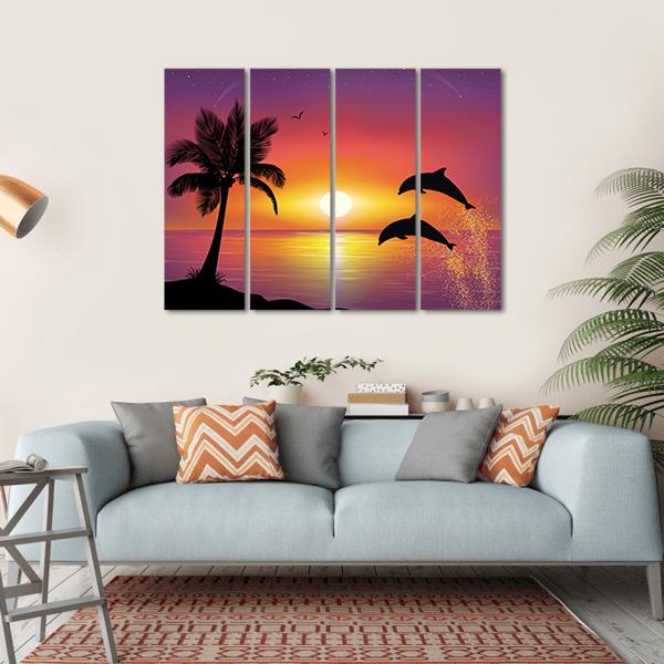 Silhouette Of Two Dolphins Jumping Out Of Water Canvas Wall Art-4 Horizontal-Gallery Wrap-34" x 24"-Tiaracle