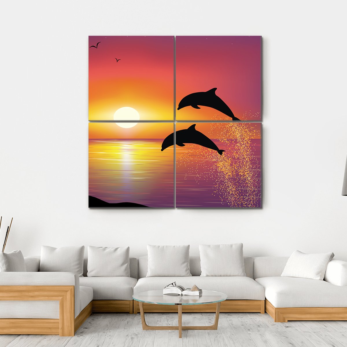 Silhouette Of Two Dolphins Jumping Out Of Water Canvas Wall Art-4 Square-Gallery Wrap-17" x 17"-Tiaracle