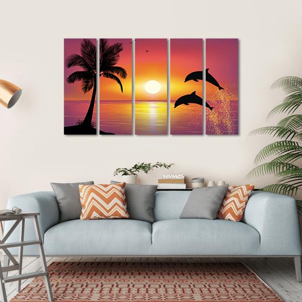 Silhouette Of Two Dolphins Jumping Out Of Water Canvas Wall Art-5 Horizontal-Gallery Wrap-22" x 12"-Tiaracle