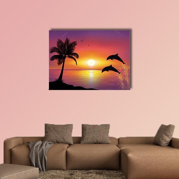 Silhouette of Two Dolphins at Sunset Canvas Wall Art in orange, yellow and purple, single panel hung on a wall