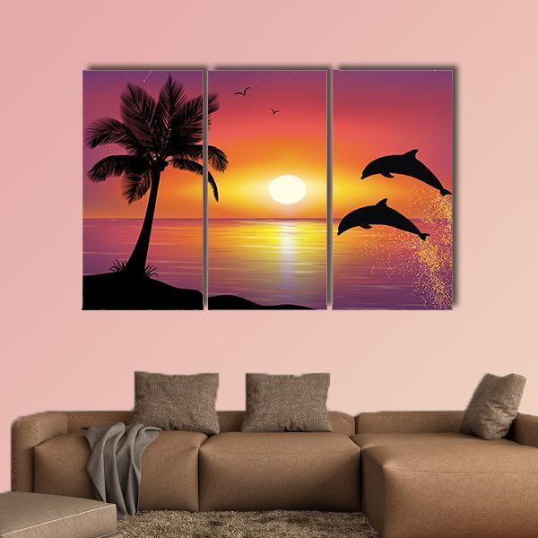 Silhouette Of Two Dolphins Jumping Out Of Water Canvas Wall Art-3 Horizontal-Gallery Wrap-37&quot; x 24&quot;-Tiaracle