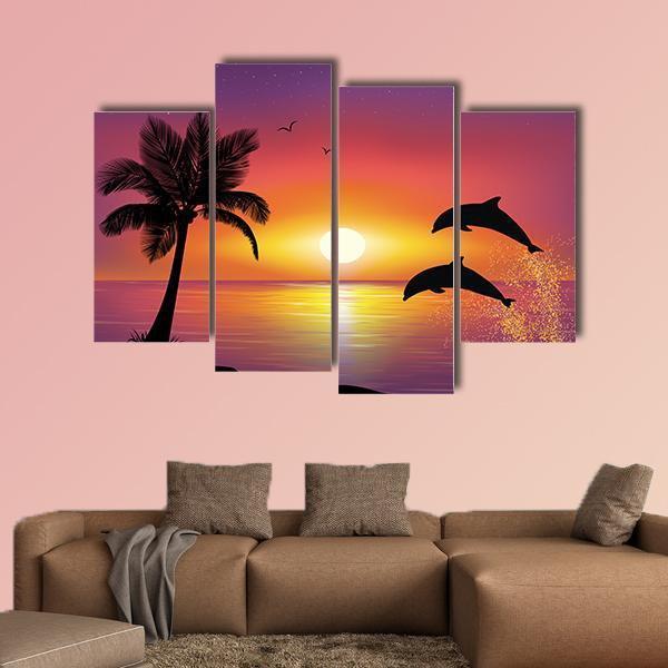 Silhouette Of Two Dolphins Jumping Out Of Water Canvas Wall Art-4 Pop-Gallery Wrap-50&quot; x 32&quot;-Tiaracle