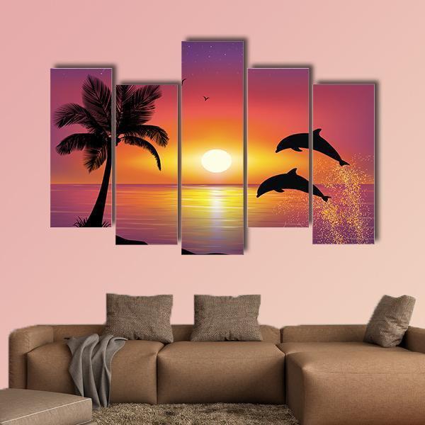 Silhouette Of Two Dolphins Jumping Out Of Water Canvas Wall Art-5 Pop-Gallery Wrap-47&quot; x 32&quot;-Tiaracle
