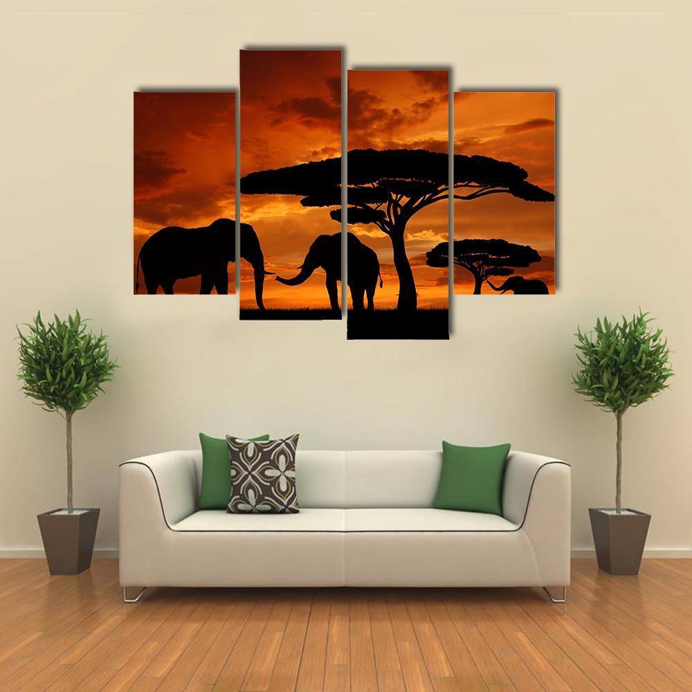 Silhouette Of Two Elephants In The Sunset Canvas Wall Art-4 Pop-Gallery Wrap-50" x 32"-Tiaracle