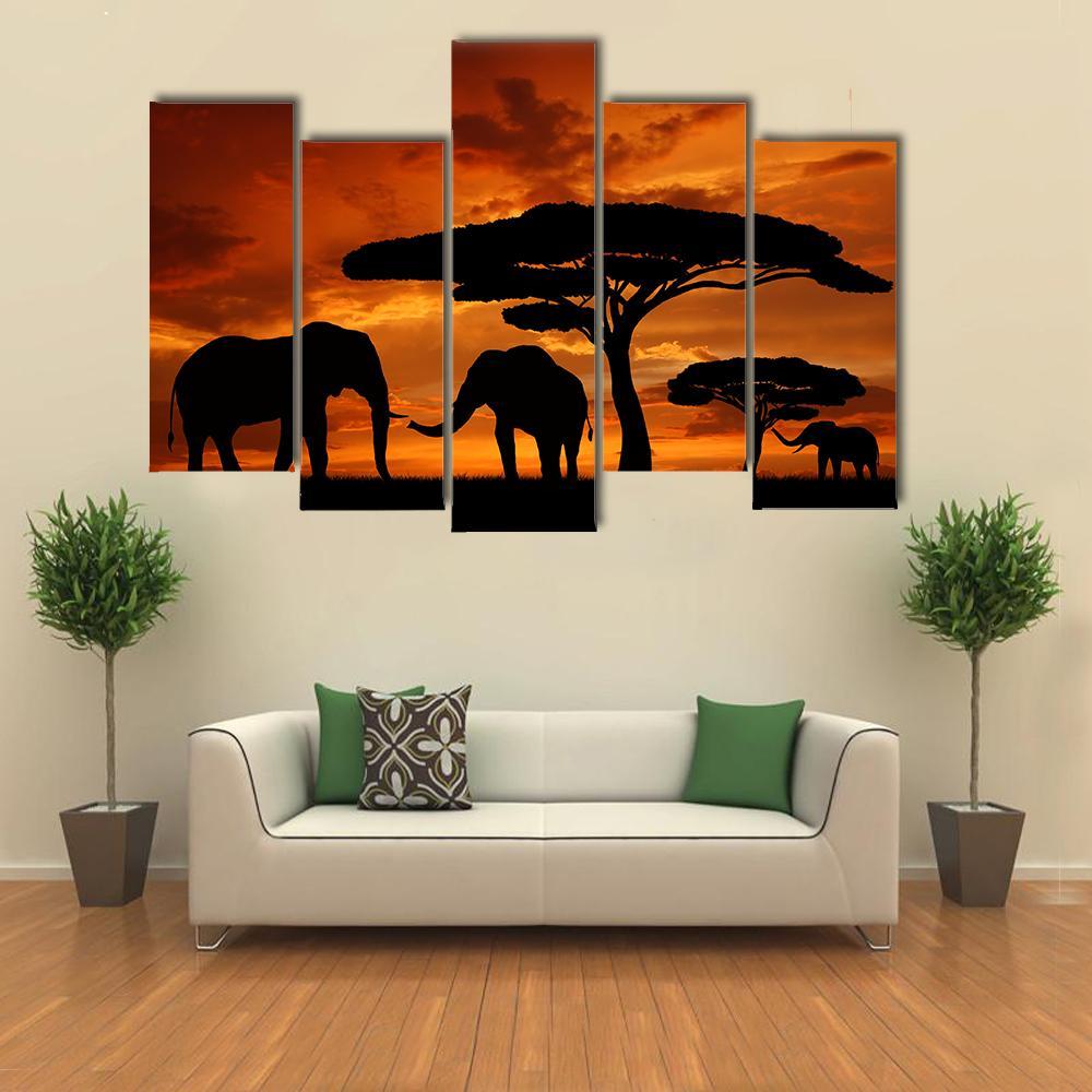 Silhouette Of Two Elephants In The Sunset Canvas Wall Art-5 Pop-Gallery Wrap-32" x 21"-Tiaracle