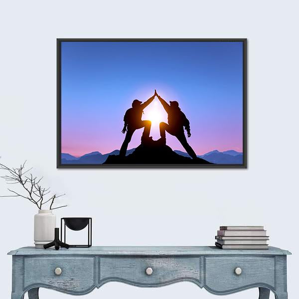 Silhouette Of Two Man With Success Canvas Wall Art-1 Piece-Floating Frame-24" x 16"-Tiaracle