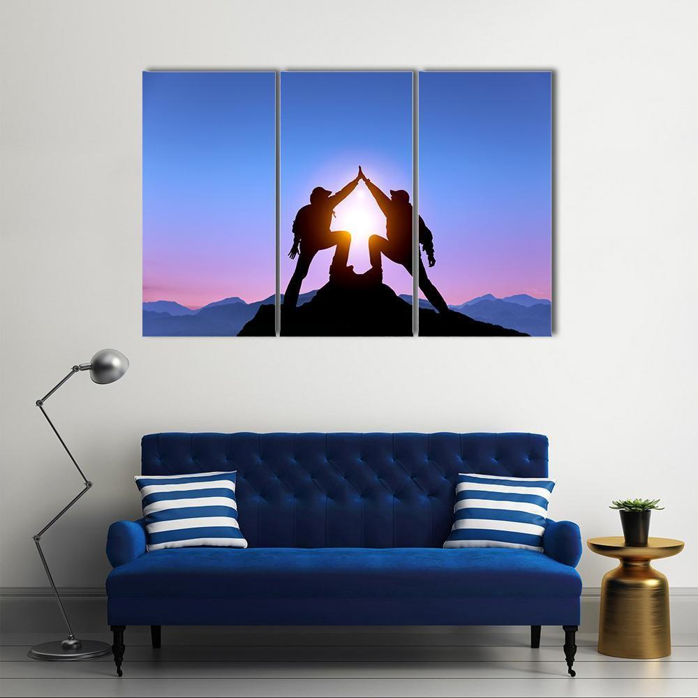 Silhouette Of Two Man With Success Canvas Wall Art-3 Horizontal-Gallery Wrap-37" x 24"-Tiaracle